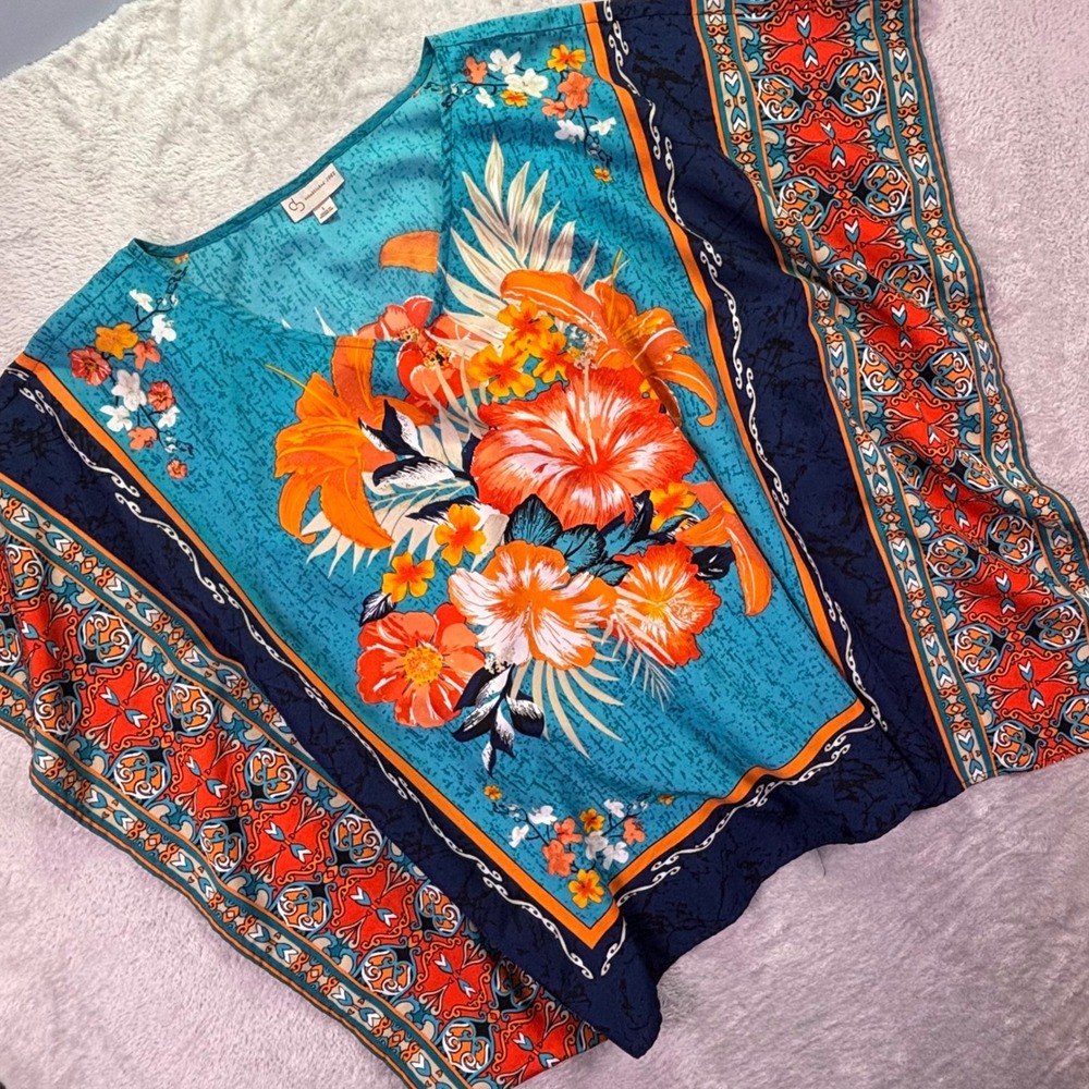 Dressbarn Women Kaftan Top Sz Large Teal Orange Floral V-Neck Poncho Blouse